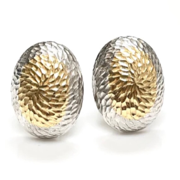 Bel Oro 18KT white Yellow Gold two tone Omega Clip pierced Earrings textured 18k - Picture 1 of 16